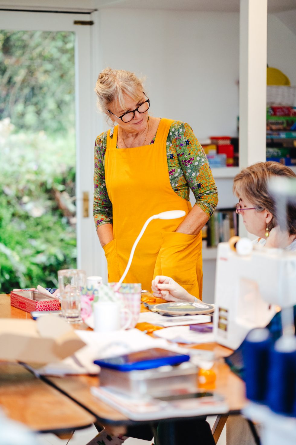 Sharing sewing stories at Gathered Threads Sewing retreat in Devon